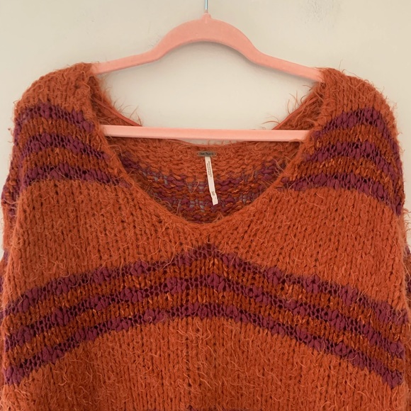 Free People Cotton Wool Blend Rust Stripe V Neck Oversized Fuzzy Sweater S - Picture 4 of 12